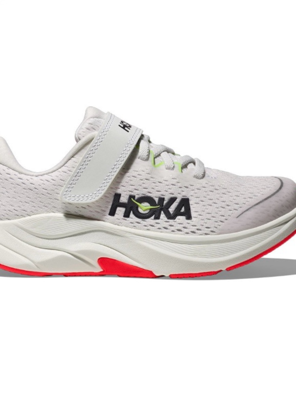 Hoka Rincon 4 Kids White and Red Lightweight Athletic Sneakers with Lime Accent